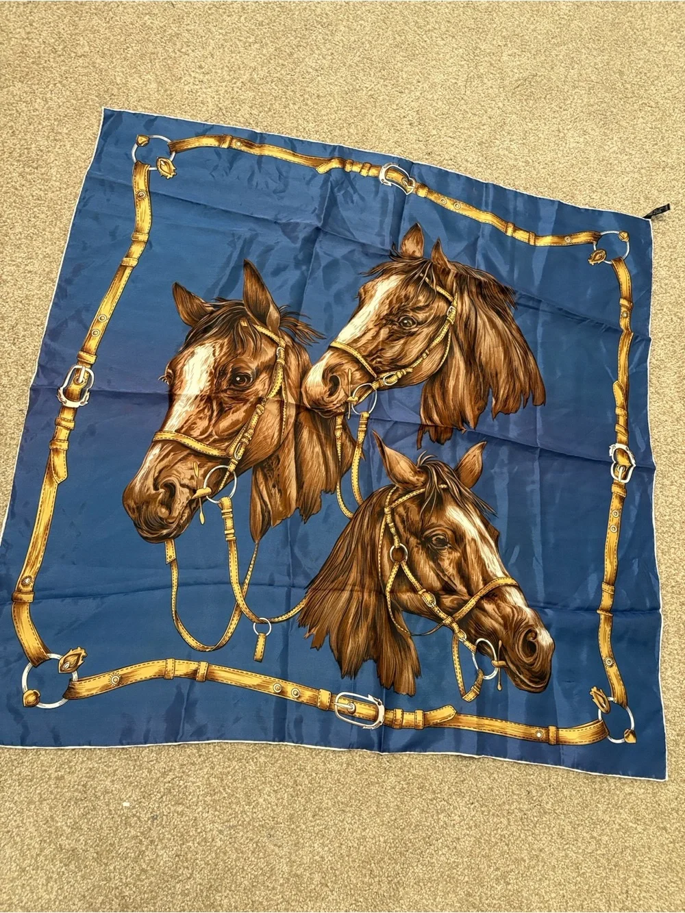 Vintage Equestrian Horse Scarf Hand Rolled Edges, 100% Acetate Twill, 30